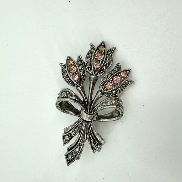 VTG Avon Pink Rhinestone Tulip Bouquet Brooch Pin Silver Tone Costume Jewelry - Picture 2 of 6
